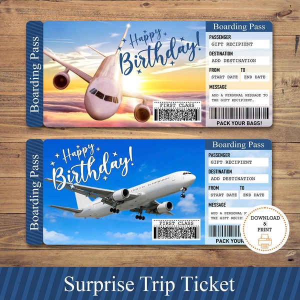 Biglietto aereo di compleanno stampabile, biglietto di viaggio a sorpresa, carta d'imbarco, regalo di compleanno, vacanza a sorpresa, biglietto aereo modificabile