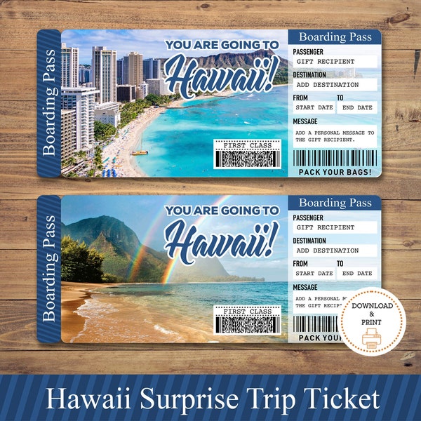 Printable HAWAII Surprise Trip Gift Ticket. Boarding Pass. Printable Ticket. Trip Ticket. Vacation Ticket. Editable PDF Instant Download