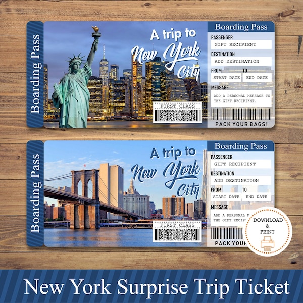 Druckbare NEW YORK Surprise Trip Geschenkkarte. Bordkarte. Druckbares Ticket. Reiseticket. Urlaubskarte. Bearbeitbare PDF Sofortiger Download.