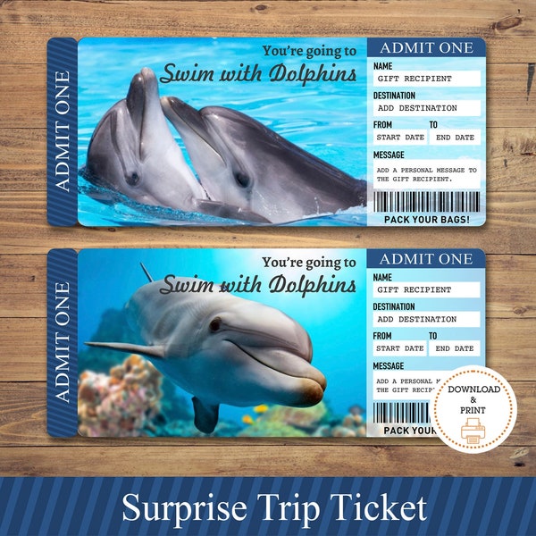 Printable SWIM with DOLPHINS Surprise Trip Tickets. Vacation Ticket. Boarding Pass. Dolphin Encounter Surprise Reveal, Swimming Ticket.