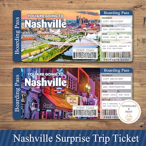 Biglietto regalo digitale per viaggio a sorpresa a NASHVILLE. Carta d'imbarco. Biglietto. Biglietto di viaggio. Biglietto per le vacanze. Download istantaneo. File PDF modificabile.