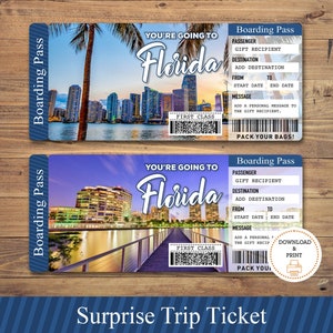 Ausdruckbare FLORIDA Überraschungskarte. Bordkarte. Druckbares Ticket. Fahrtkarte. Urlaubsticket. Bearbeitbare PDF-Sofortdownload.