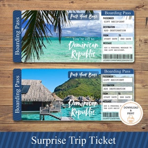 Billet cadeau voyage surprise RÉPUBLIQUE DOMINICAINE modifiable. Carte d'embarquement. Billet imprimable. Billet de voyage. Vacation Ticket.PDF Téléchargement instantané