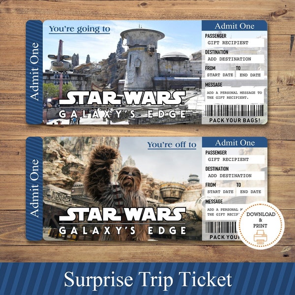 Printable STAR WARS Galaxy Edge Surprise Trip Gift Ticket, Printable Star Wars Pass Printable Vacation Ticket Editable. Surprise Gift Ticket