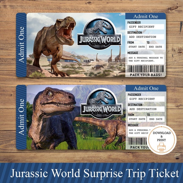 Editable JURASSIC WORLD Surprise Universal Studios Trip Tickets. Vacation Ticket. Boarding Pass. Destination Printable ticket. Trip Ticket