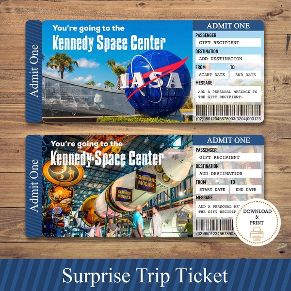 Printable Kennedy Space Center Surprise Trip ticket, NASA Space Ticket, Printable Boarding Pass, Editable Vacation Ticket, Admission Ticket.