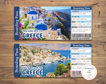 Editable GREECE Surprise Trip Gift Ticket. Boarding Pass. Printable Ticket. Trip Ticket. Vacation Ticket. Editable PDF Instant Download.