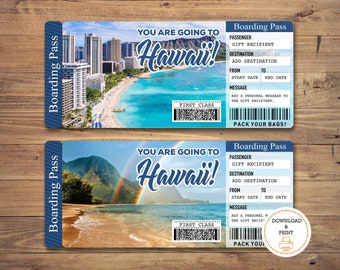 Ausdruckbare HAWAII Überraschungsreise Geschenkkarte. Bordkarte. Druckbares Ticket. Fahrtkarte. Urlaubsticket. Bearbeitbare PDF-Sofortdownload