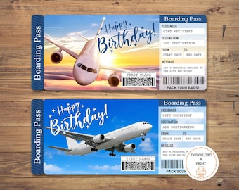 Birthday Airplane Ticket Printable, Surprise Trip Ticket, Boarding Pass, Birthday Gift, Surprise Vacation, Editable Airplane Ticket