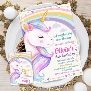 Unicorn Birthday Invitation, Unicorn Birthday Invite, Unicorn Party Invitation, Editable Invitation, Unicorn thank you tag, Personalized.