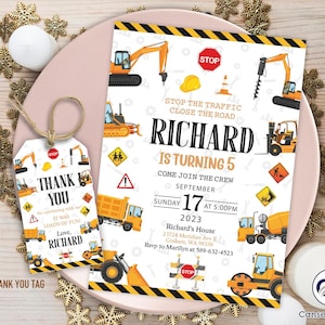 Modèle d'invitation à une fête d'anniversaire de construction, Faire-part de construction, Étiquette de remerciement de construction, Modèle modifiable de construction
