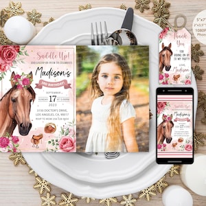 Modelo de convite de aniversário de cavalo, convite de cavalo, obrigado de cavalo que você etiqueta, convite de aniversário de cavalo de vaqueira para impressão, convite de telefone de cavalo.