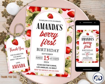 Editable Berry First Birthday Invitation Template, Modern Strawberry Invitation, Girls 1st Birthday Invitation, Strawberry First Invitation