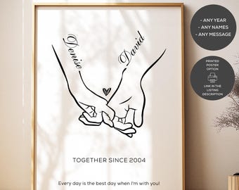 Couple Holding Hands Poster, Personalized Couple Print, Romantic Wall Art, Anniversary Gift for Him