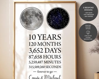 Personalized 10th Anniversary Moon & Star Map Poster, Custom Night Sky Print, Tin Anniversary Gift
