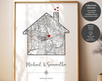 Personalized Housewarming Gift, New Home Map Gift Print, House Moving, Valentines Day