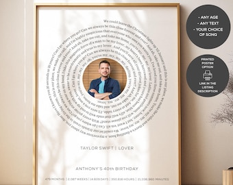 40th Birthday Gifts for Him or Her, Favorite Song Poster, Personalized Music Print Gift