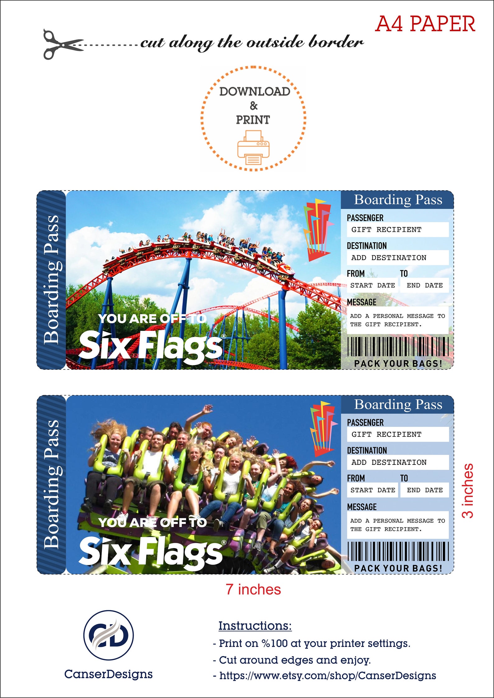 Printable SIX FLAGS Surprise Gift Ticket. Boarding Pass. Trip Ticket ...