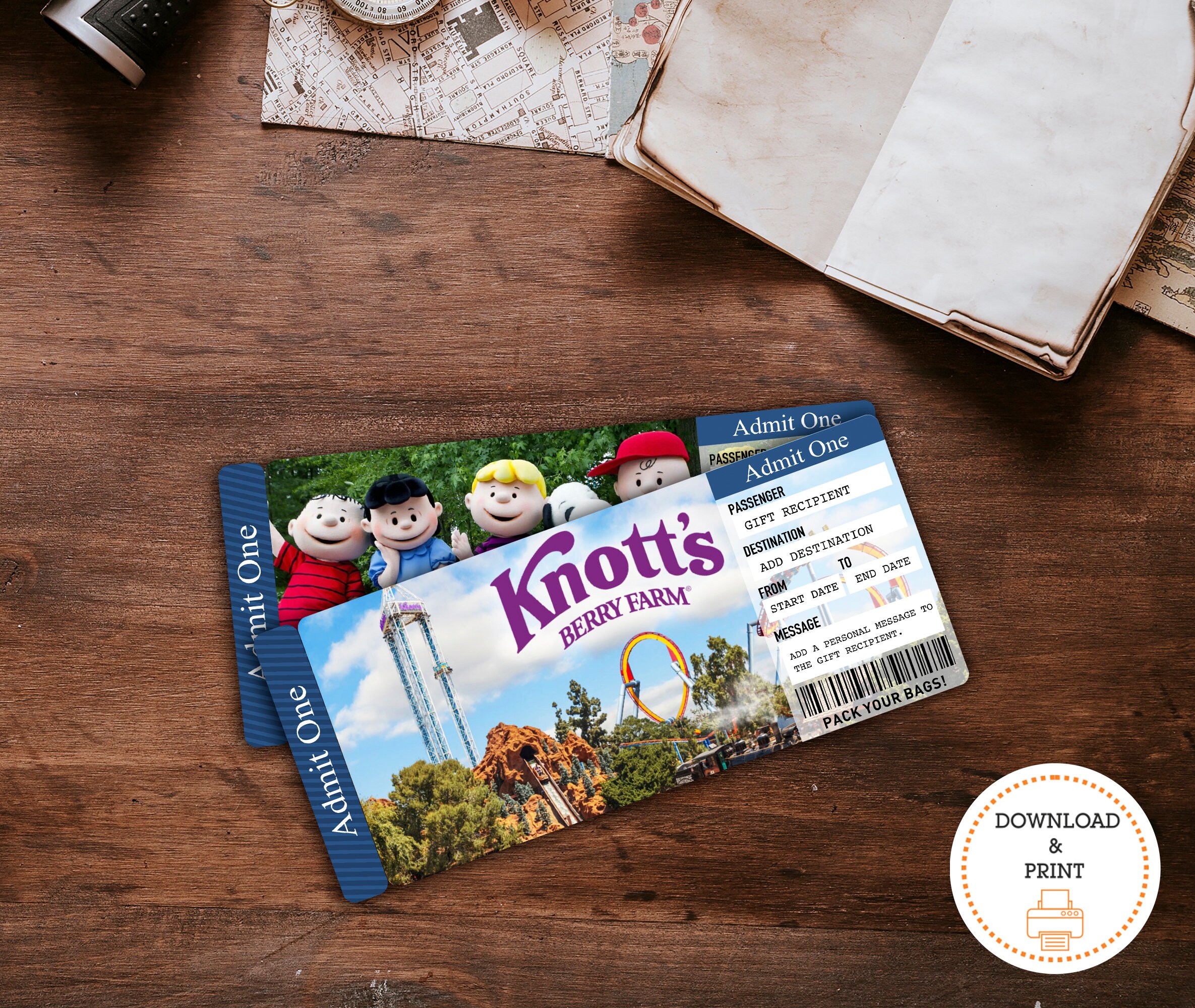 Printable KNOTTS BERRY FARM Surprise Trip Gift Ticket. Boarding Pass