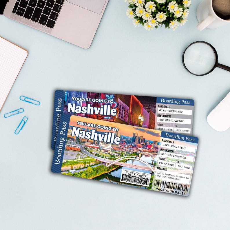Digital NASHVILLE Surprise Trip Gift Ticket. Boarding Pass. Ticket
