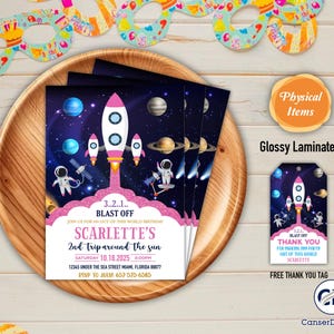 Physischer Weltraum-Geburtstags-Einladungskarte, Mädchen-Weltraum-Geburtstag, Weltraum-Geburtstags-Einladung, Planet-Raketen-Schiff-Astronaut-Einladung, Weltraumparty