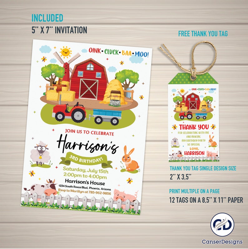 Farm Birthday Party Invitation Template, Farm Animals Birthday