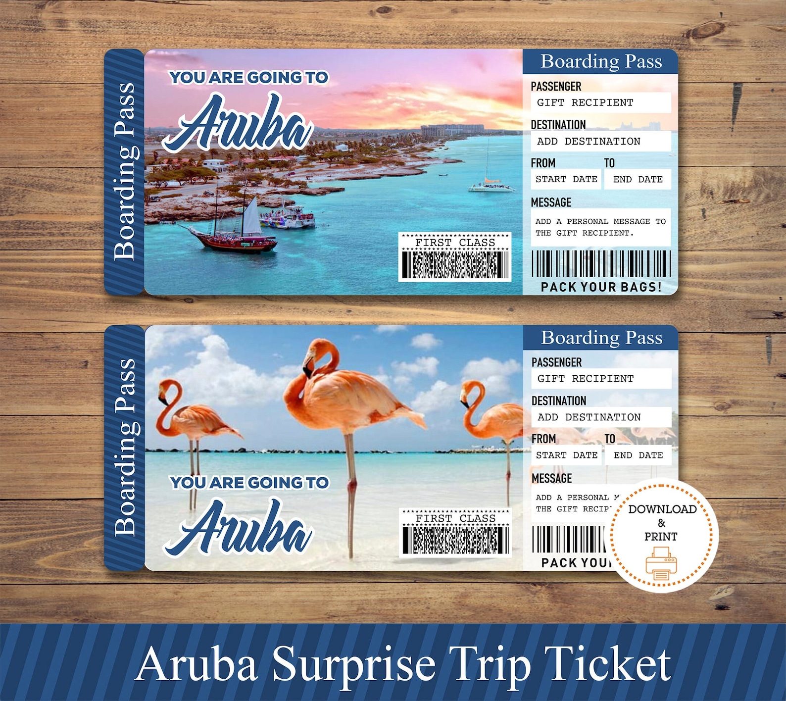 Printable ARUBA Surprise Trip Gift Ticket. Boarding Pass. Ticket. Trip