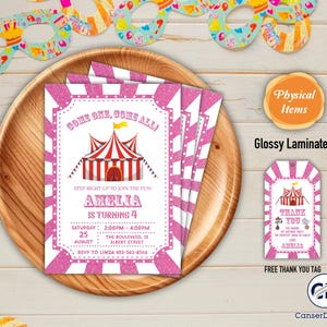 Convite de aniversário de carnaval físico, convite de aniversário de circo Pink Girl, convite de ingresso de carnaval, cartão de agradecimento de carnaval, convite rosa