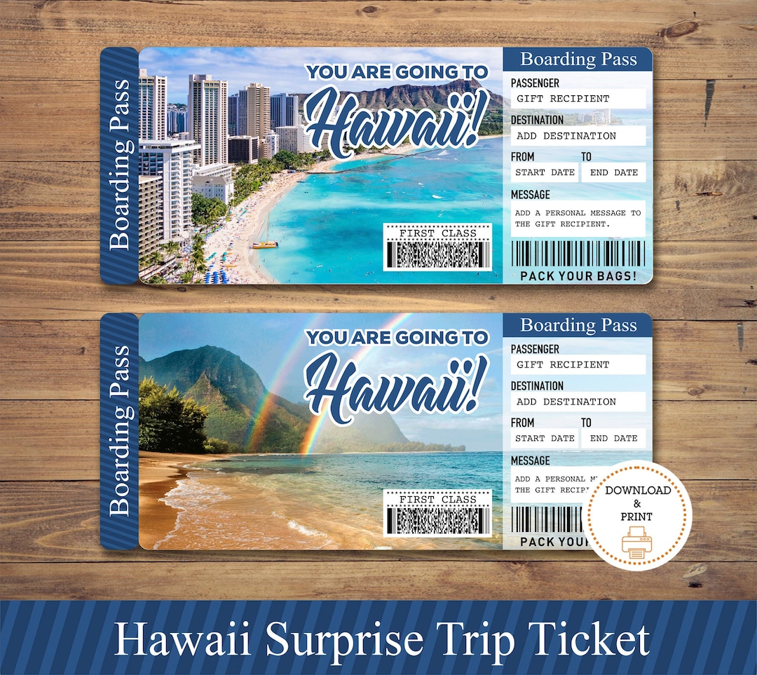 Printable HAWAII Surprise Trip Gift Ticket. Boarding Pass. Printable Ticket. Trip Ticket