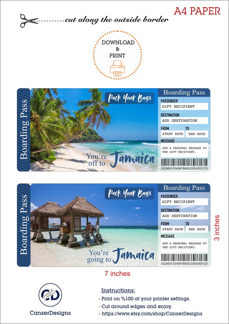 Editable JAMAICA Surprise Trip Gift Ticket. Boarding Pass.trip Ticket