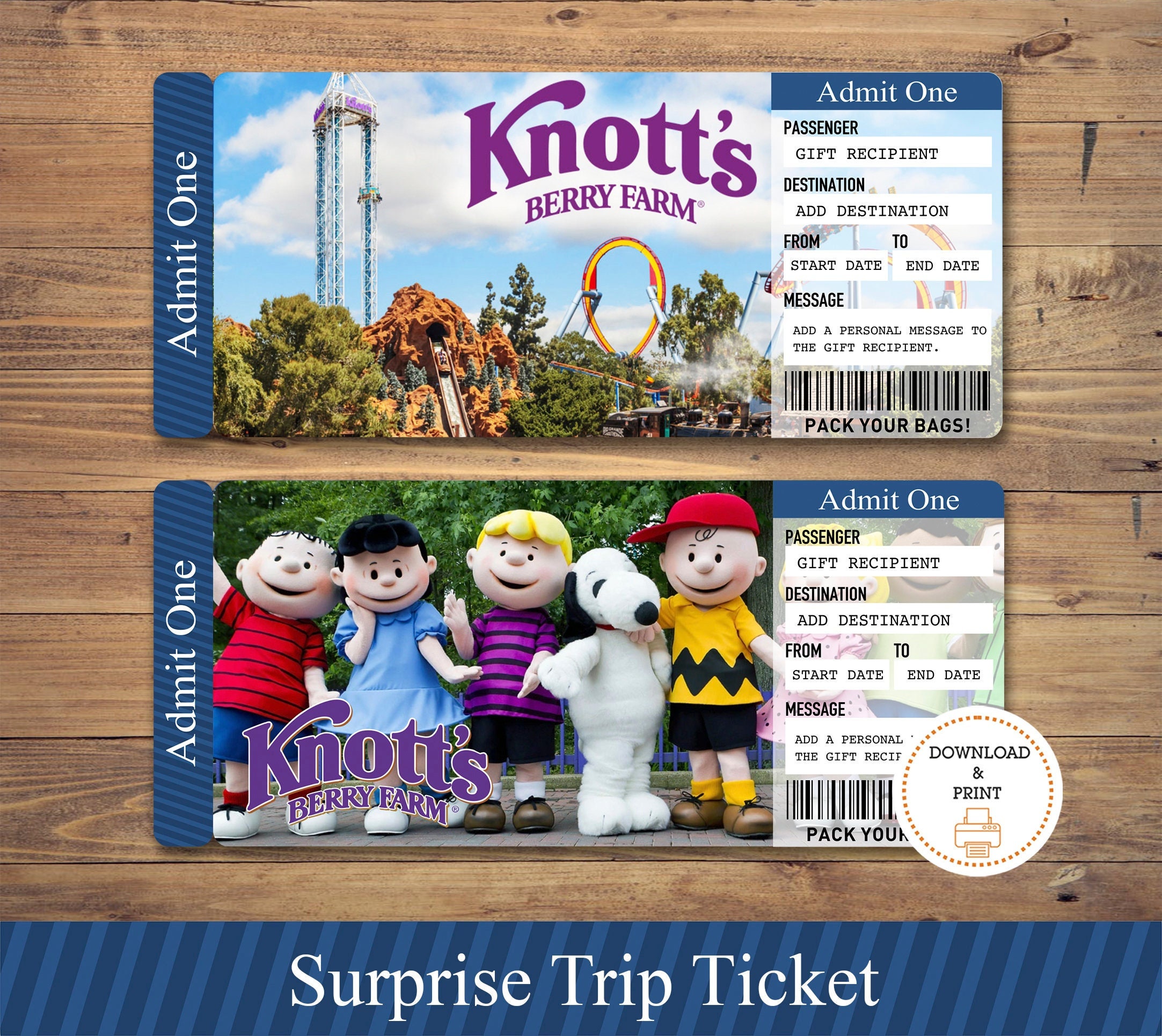 Printable KNOTTS BERRY FARM Surprise Trip Gift Ticket. Boarding Pass