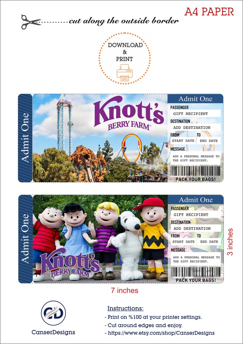 Printable KNOTTS BERRY FARM Surprise Trip Gift Ticket. Boarding Pass ...