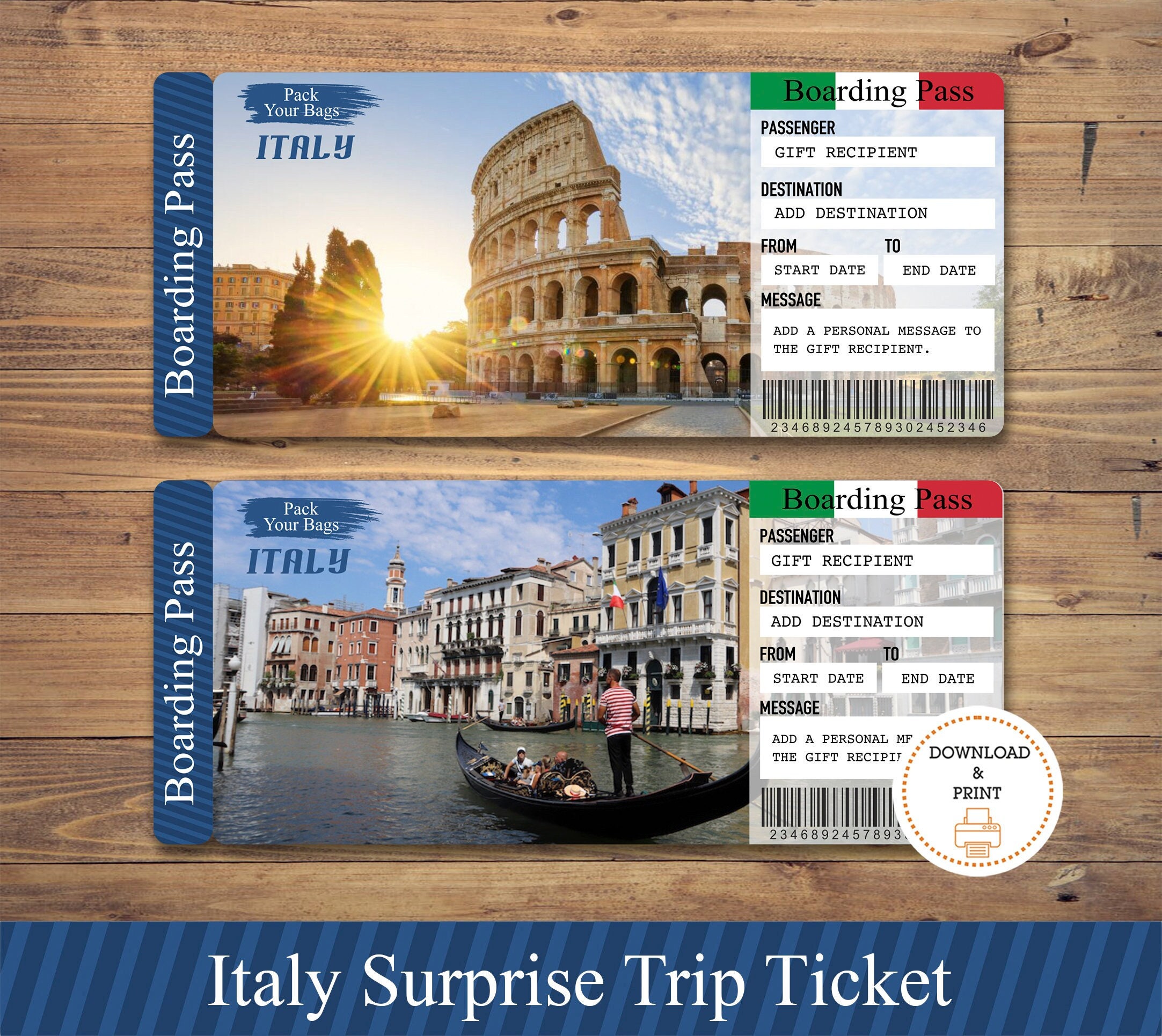 ITALY Surprise Trip Gift Ticket. Boarding Pass. Ticket. Trip Ticket. Vacation Ticket. Instant