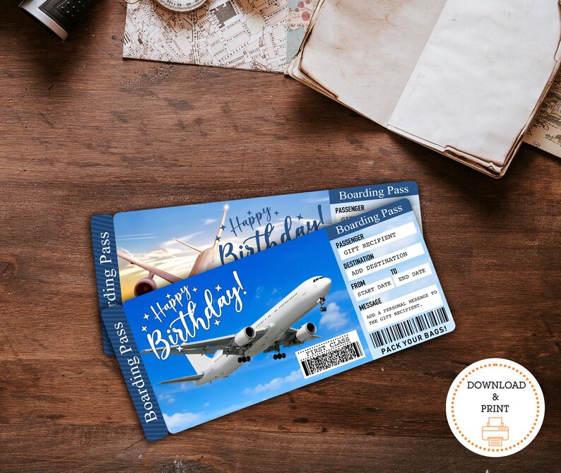 Birthday Airplane Ticket Printable Surprise Trip Ticket - Etsy