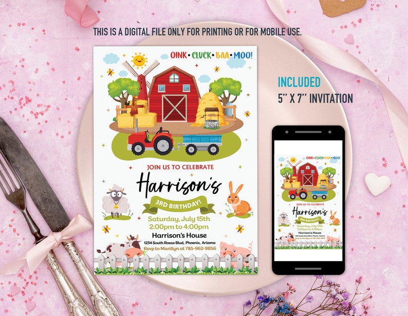 Farm Birthday Party Invitation Template, Farm Animals Birthday