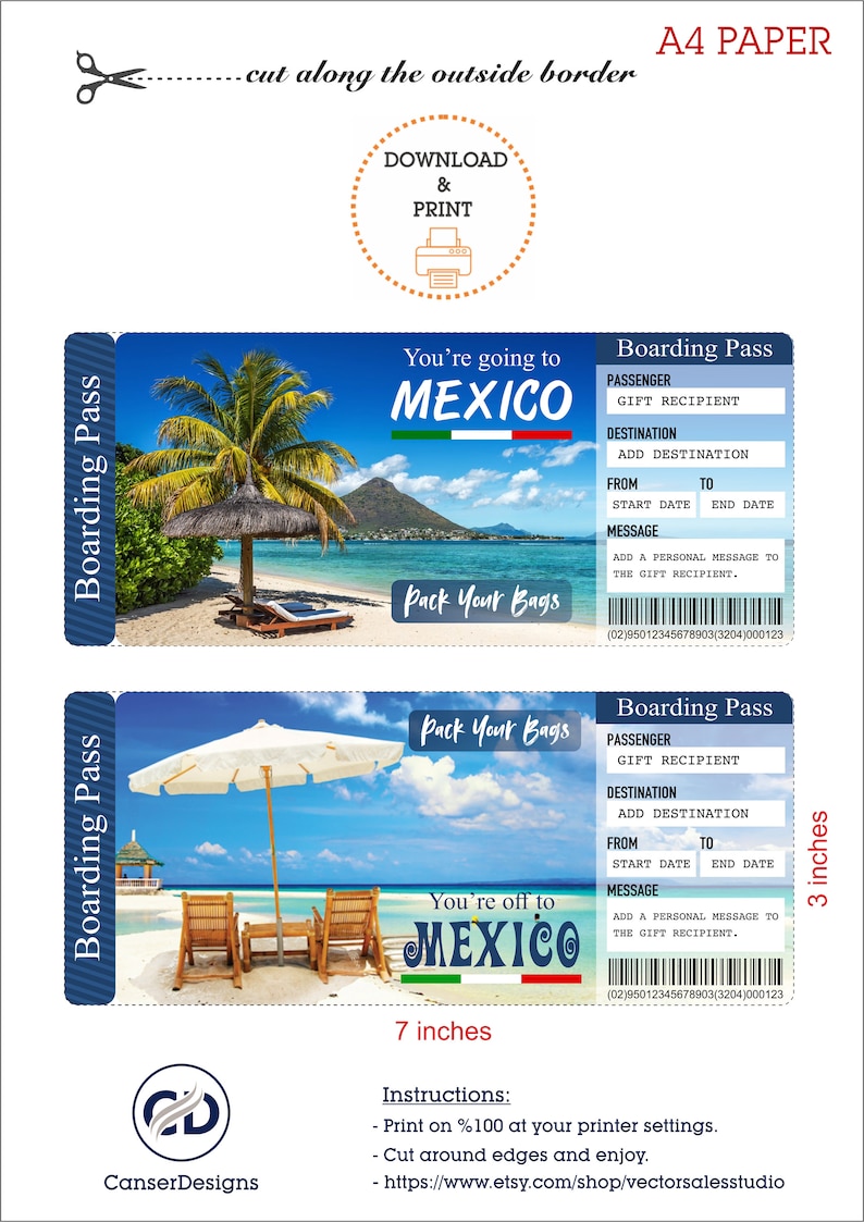 Printable MEXICO Surprise Trip Gift Ticket. Boarding Pass. Printable