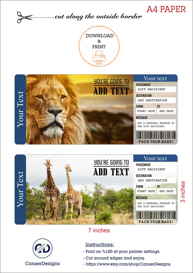 Printable ZOO or SAFARI PARK Surprise Gift Reveal Ticket. Surprise Zoo