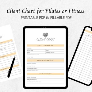 Può includere: Un grafico cliente stampabile per lezioni di Pilates o fitness. Il grafico include sezioni per le informazioni del cliente, le preferenze di esercizio e note aggiuntive. Il grafico è progettato per essere compilato a mano o digitalmente.