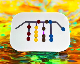 Può includere: Un tabellone da gioco rettangolare bianco con una pista grigia e pedine colorate. La pista ha tre diramazioni con pedine rosse, gialle, marroni e blu. Il tabellone galleggia su una superficie liquida colorata.