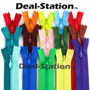 May include: A collection of nylon zips in various colours including red, orange, yellow, blue, green, brown, pink, and purple. Each zip features a matching pull tab and a metal slider. The text Deal-Station is visible at the top and bottom.