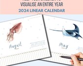 2024 Linear calendar, printable, Montessori calendar, Watercolour calendar, sea animals, Australia unit study, homeschool calendar