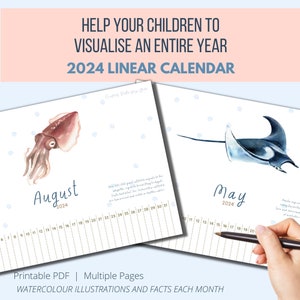 2024 Linearer Kalender, zum ausdrucken, Montessori-Kalender, Aquarell-Kalender, Meerestiere, Australien-Einheitsstudie, Homeschool-Kalender