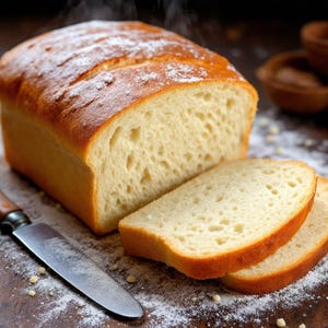 May include: A loaf of freshly baked bread, partially sliced, with two slices visible. The bread has a golden-brown crust and a soft, light interior. A knife rests beside the bread, and flour is sprinkled around the loaf.
