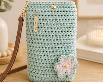 Handmade Aloe Green Crochet Phone Purse: Recycled Cotton, Vegan Strap, Flower Accent, Boho Bag