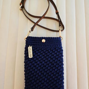 Crochet Crossbody Phone Purse: Handmade, Recycled Cotton, Vegan Leather Strap image 7