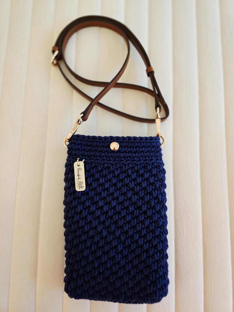 Crochet Crossbody Phone Purse: Handmade, Recycled Cotton, Vegan Leather Strap image 7