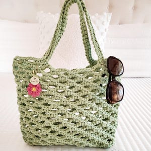 Hand Crocheted Recycled Cotton Beach Tote Bag with Flower Charm