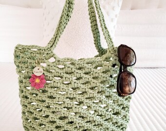 Hand Crocheted Recycled Cotton Beach Tote Bag with Flower Charm