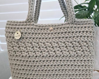 Handmade Crochet Shoulder Bag: Pale Olive, Recycled Cotton Purse
