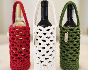 Handmade Crochet Wine Bottle Bag: Hostess and Wine Lover Gift, Recycled Cotton Cord,